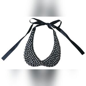 Natasha Retro Black Silver Studded Bead Rhinestone Bib Peter Pan Collar Necklace